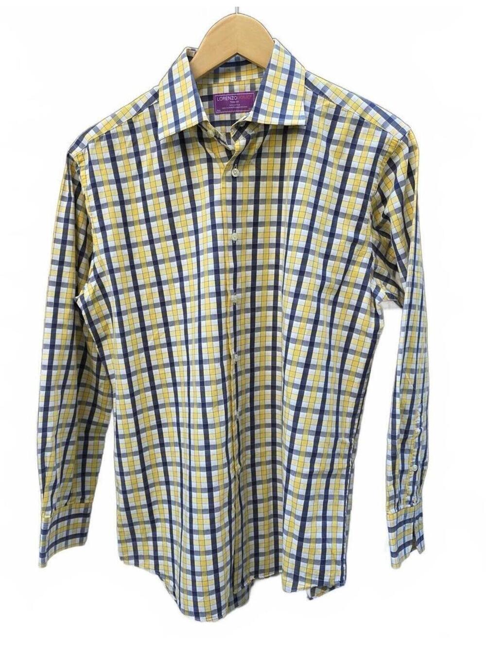 Lorenzo Uomo Purple Label Cotton Plaid Dress Shirt Charcoal/Yellow/Blue/Trim Fit
